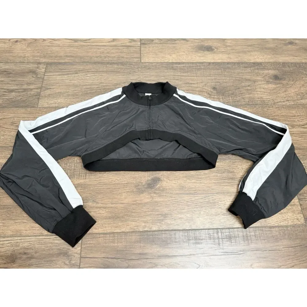 Alo Yoga Racetrack Shrug Black White Crop Jacket Zip Long Sleeve Sz XS